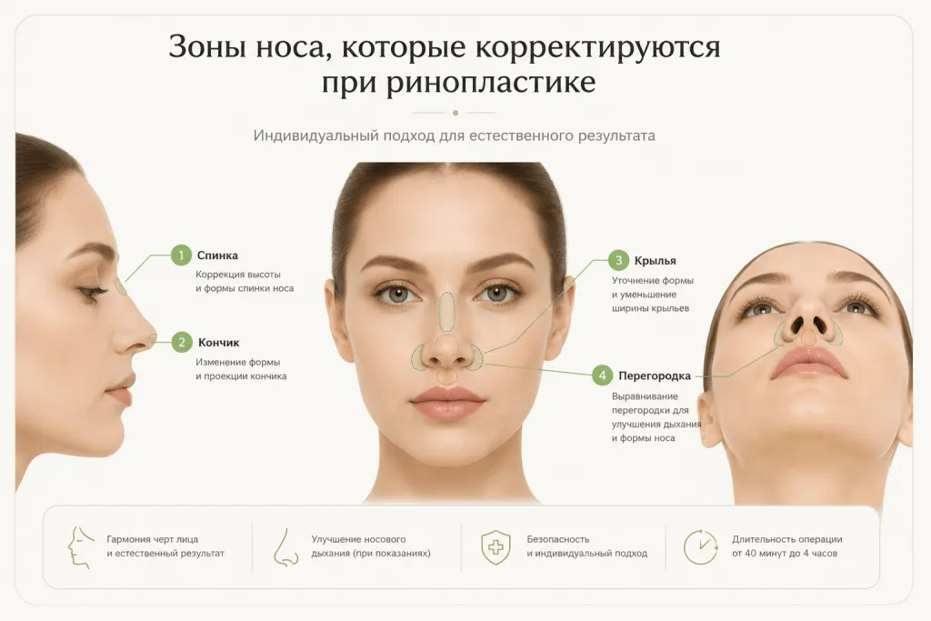 Зоны носа, которые могут корректироваться при ринопластике