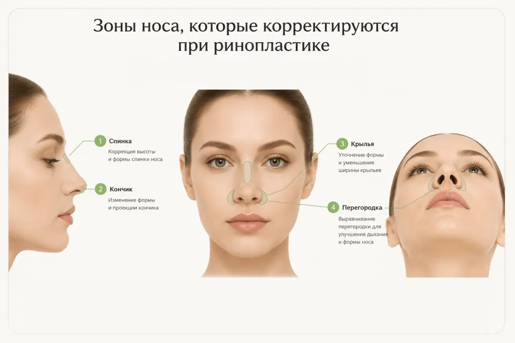 Зоны носа, которые могут корректироваться при ринопластике